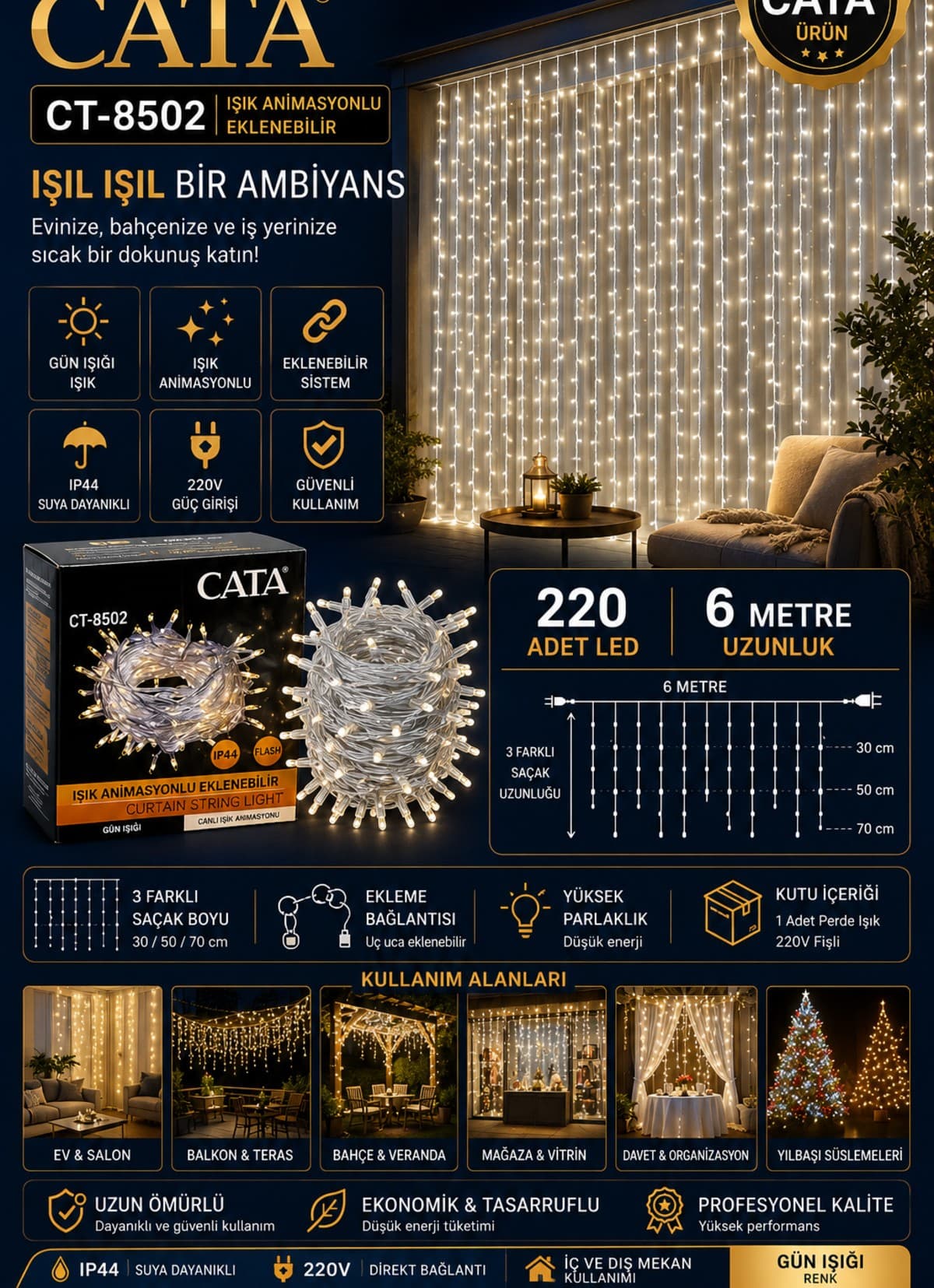 Cortina de Luz Conectable 6 Metros 220 LED Cálida