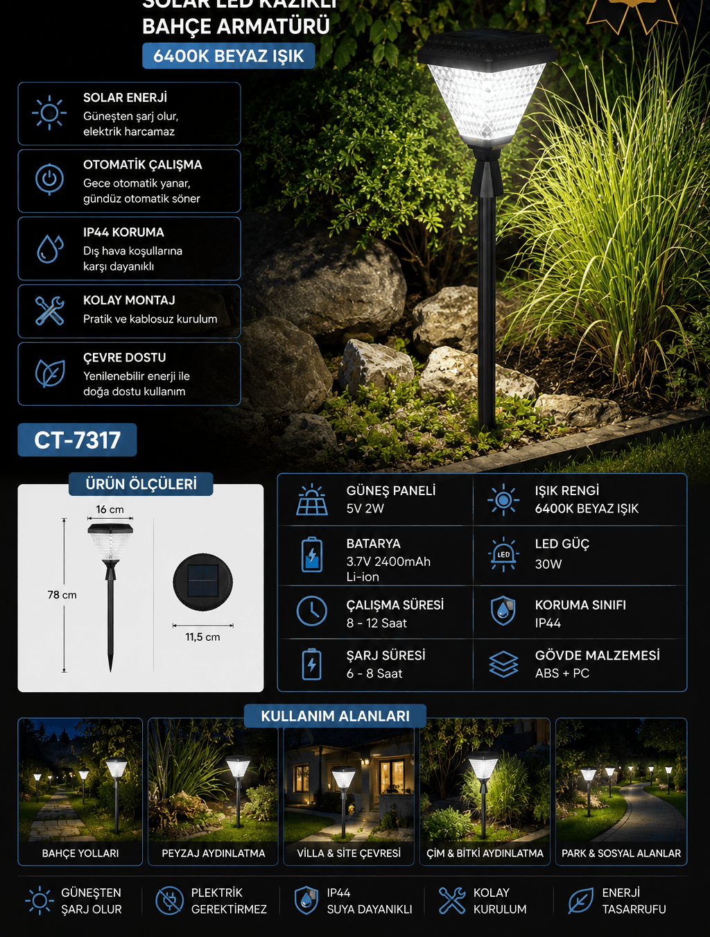 30W إضاءة حديقة LED شمسية بوتد 6400K