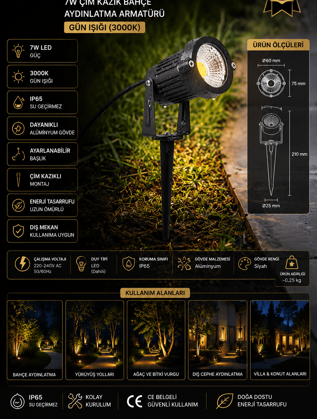 7W كشاف حديقة LED بوتد للعشب أبيض دافئ