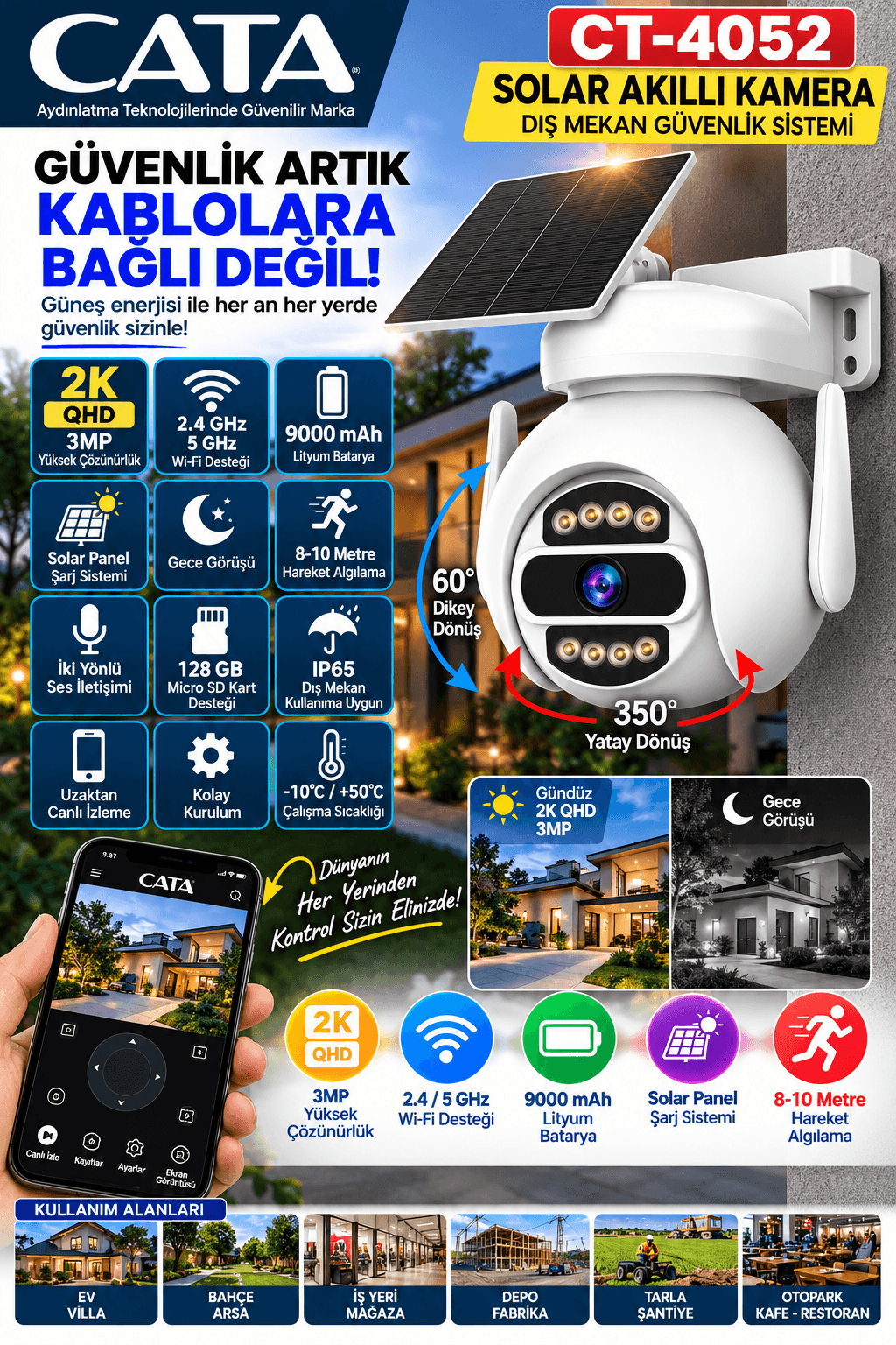 3MP 2K كاميرا مراقبة خارجية شمسية Wi-Fi