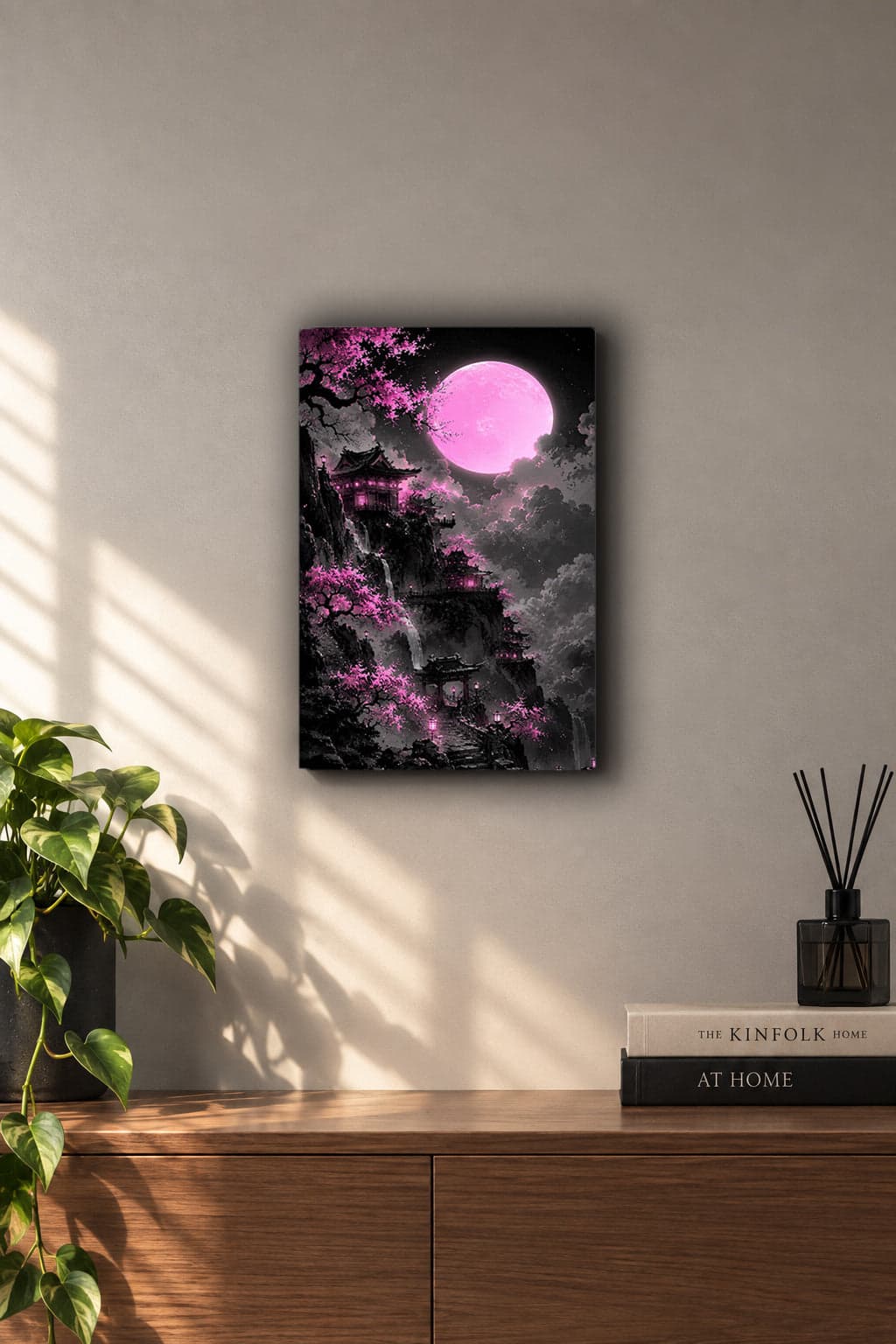 Japanese Pink Moon Pagoda Neon Sakura Metall Wand Bild