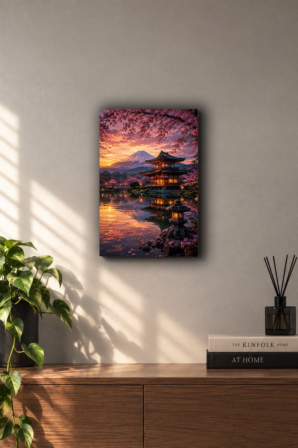 Japanese Sakura Temple Sunset Mount Fuji Metall Wand Bild