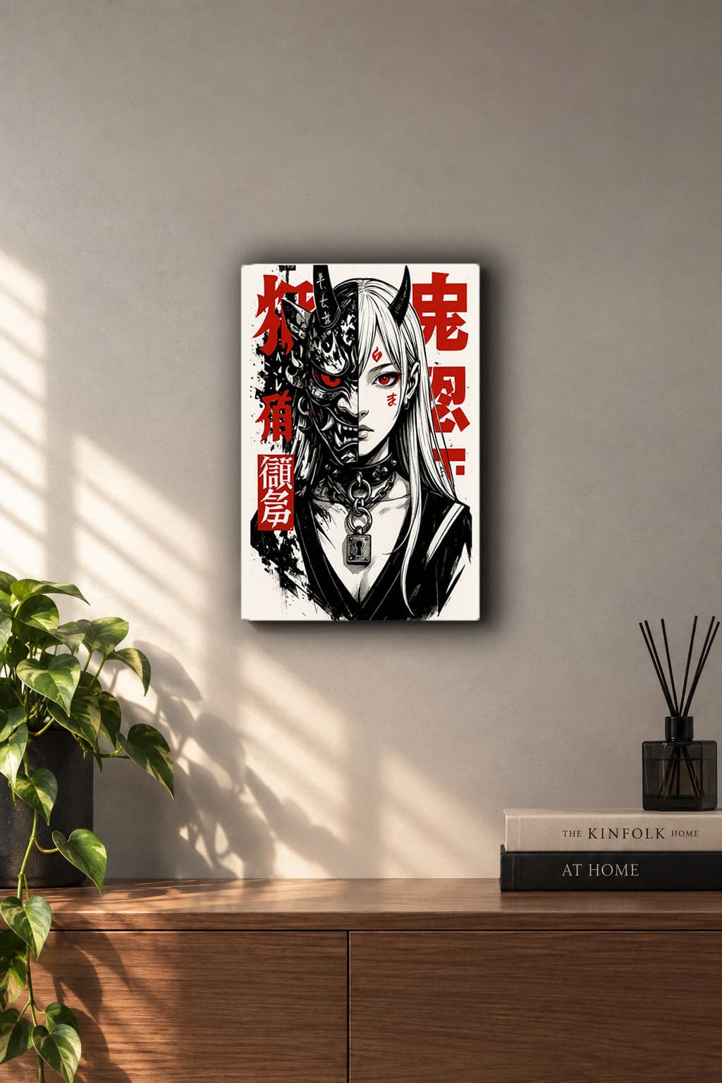 Shinkirō Oni Demon Mask Girl Japanese Ink Art Metall Wand Bild