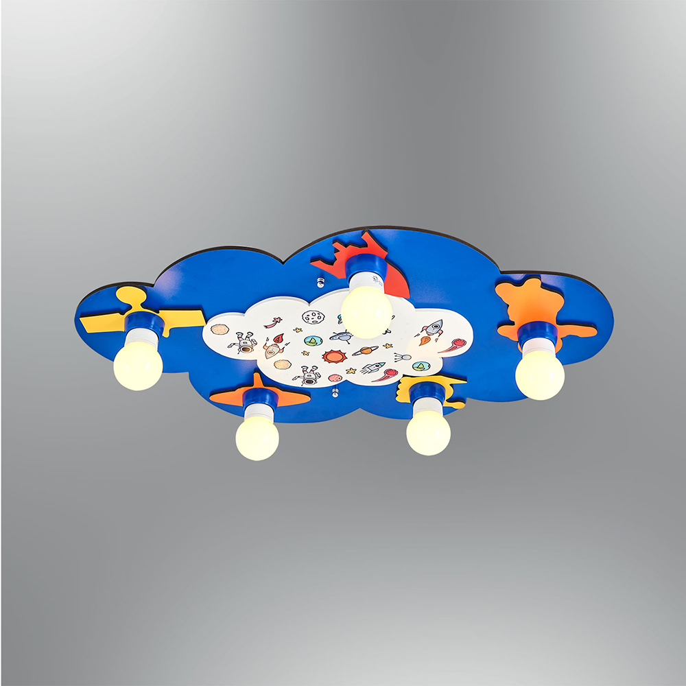 5 Brazos Azul Madera Infantil Habitación Lámpara de Araña 70x44 cm 5 Kollu Mavi Ahşap Çocuk Odası Avizesi 70x44 cm