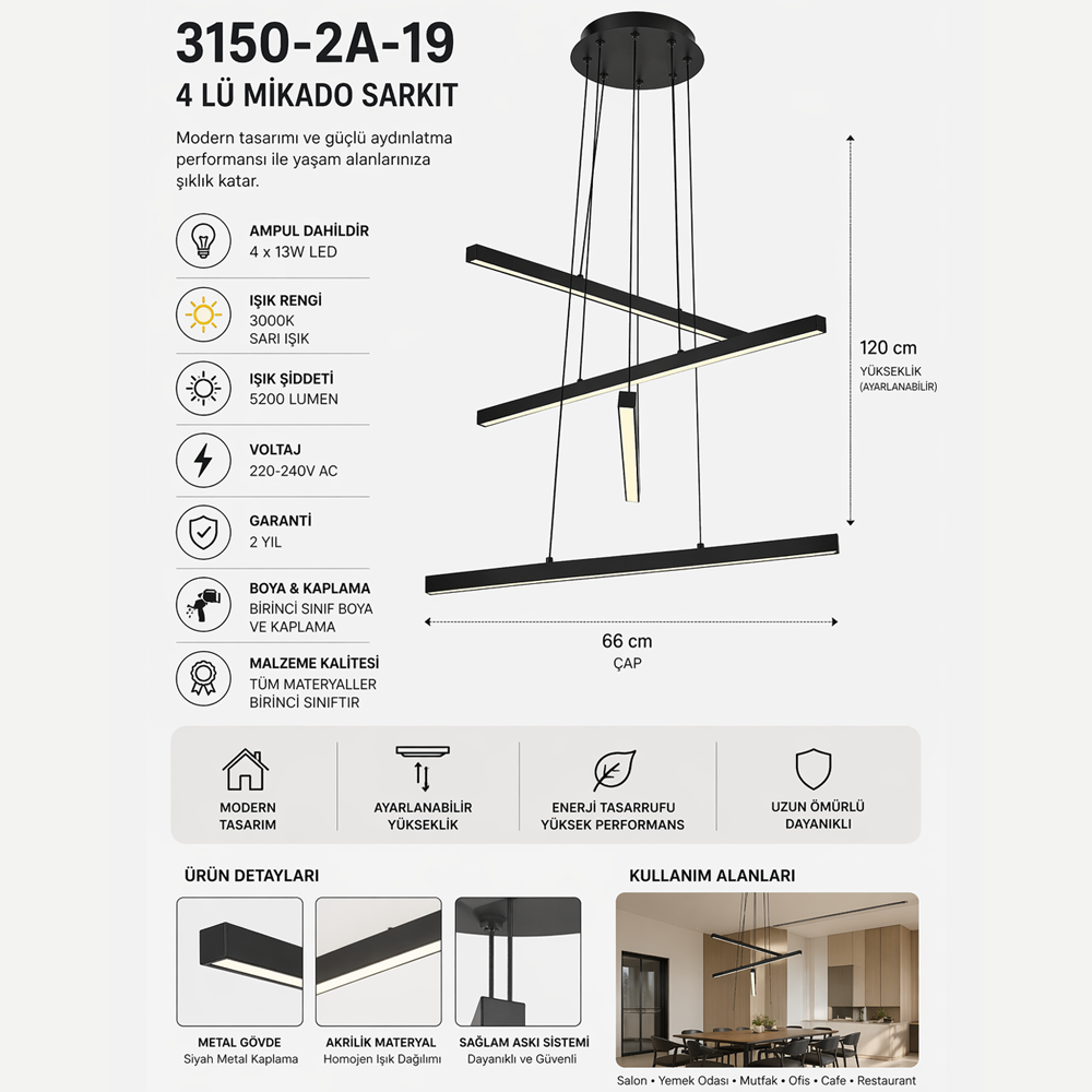 Siyah Akrilik LED Avize 66x120 cm (52w) — görsel 3