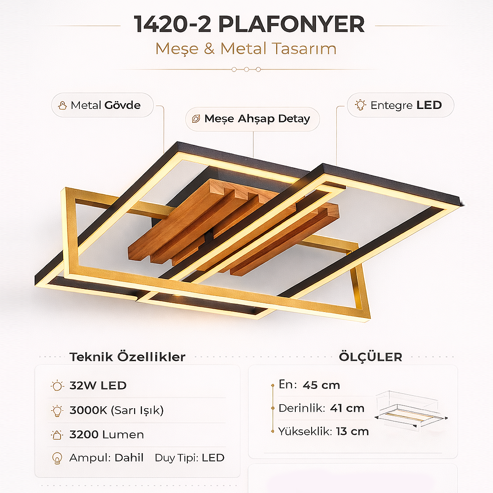 Ahşap LED Plafonyer 45x13 cm — görsel 7