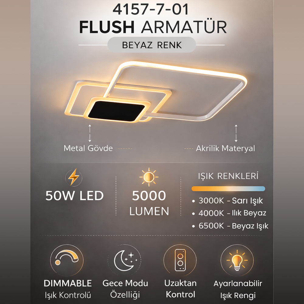 Beyaz-Siyah Akrilik LED Plafonyer 70x8 cm — görsel 7