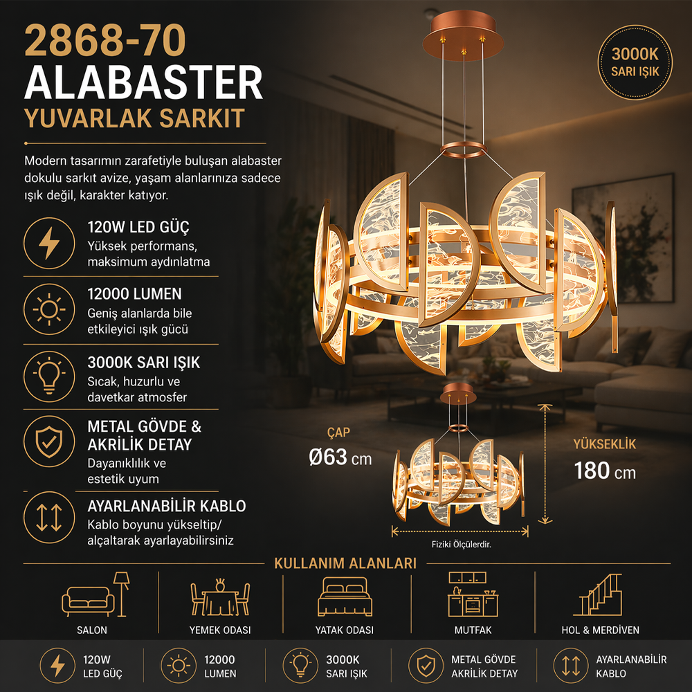 Sarı-Siyah Akrilik LED Avize 63x180 cm — görsel 4
