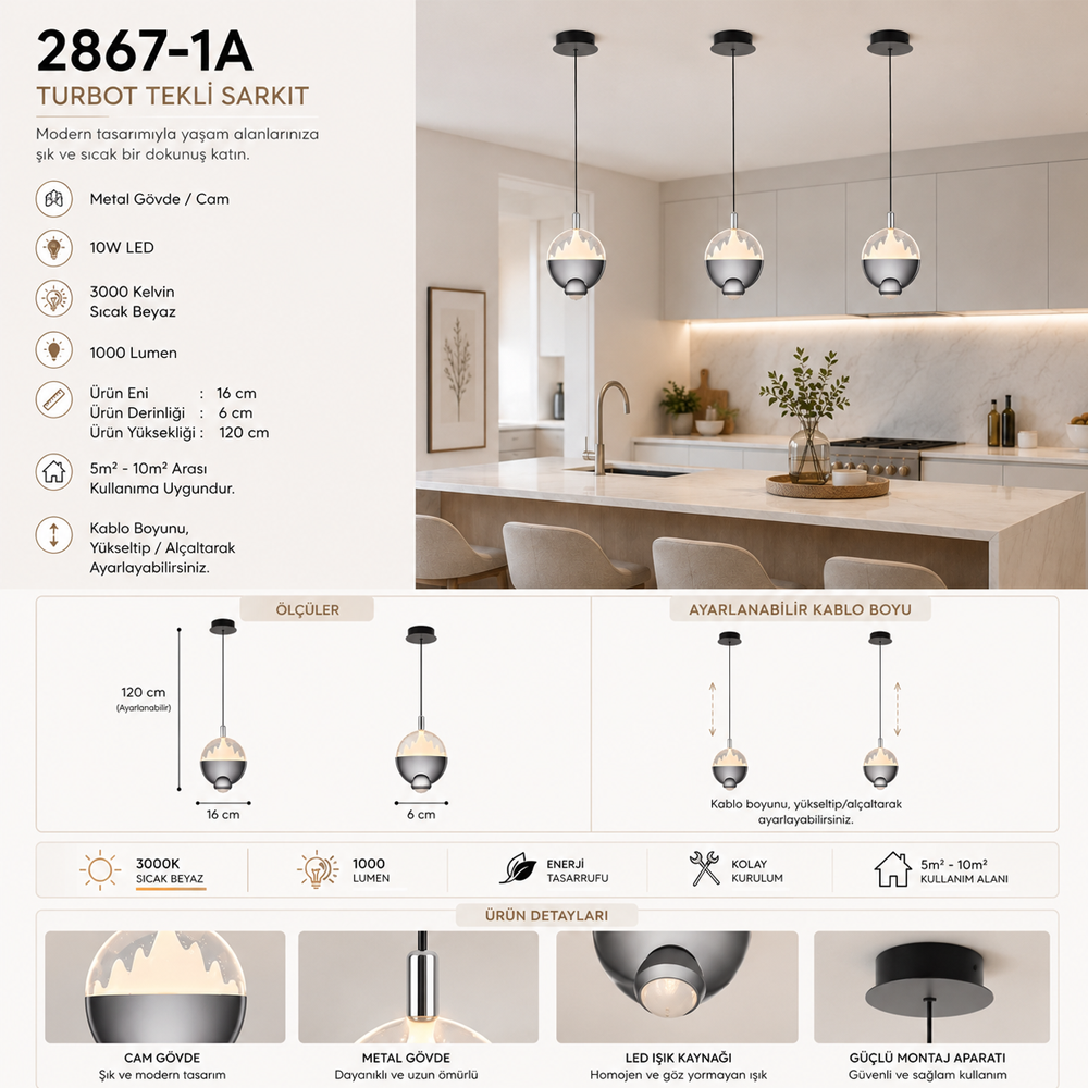 Sarı-Platin Cam LED Avize 16x120 cm — görsel 4