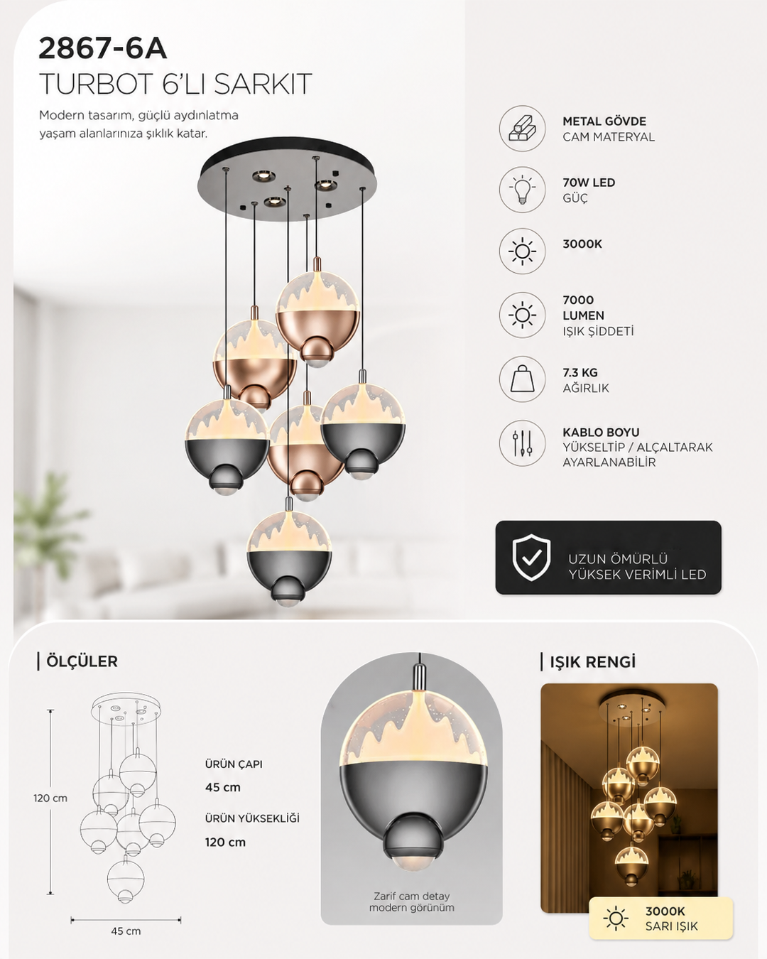 Cam LED Avize 45x120 cm (70w) — görsel 3