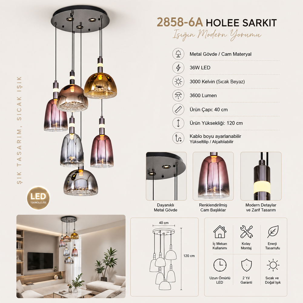 Cam LED Avize 40x120 cm (36w) — görsel 3