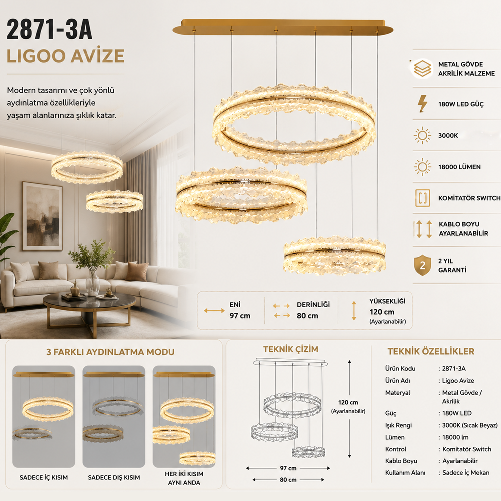 Akrilik LED Klasik Avize 97x120 cm (180w) — görsel 3