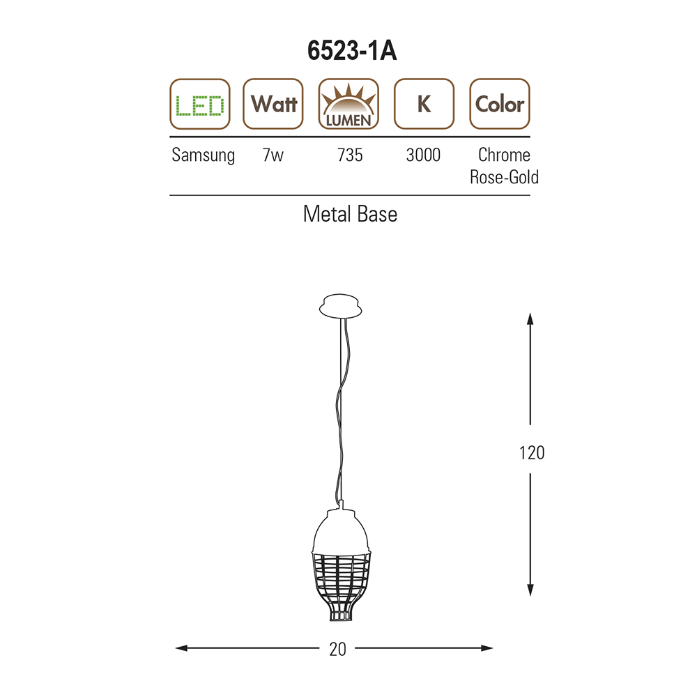Krom-Rose gold Metal LED Avize 20x120 cm — görsel 2
