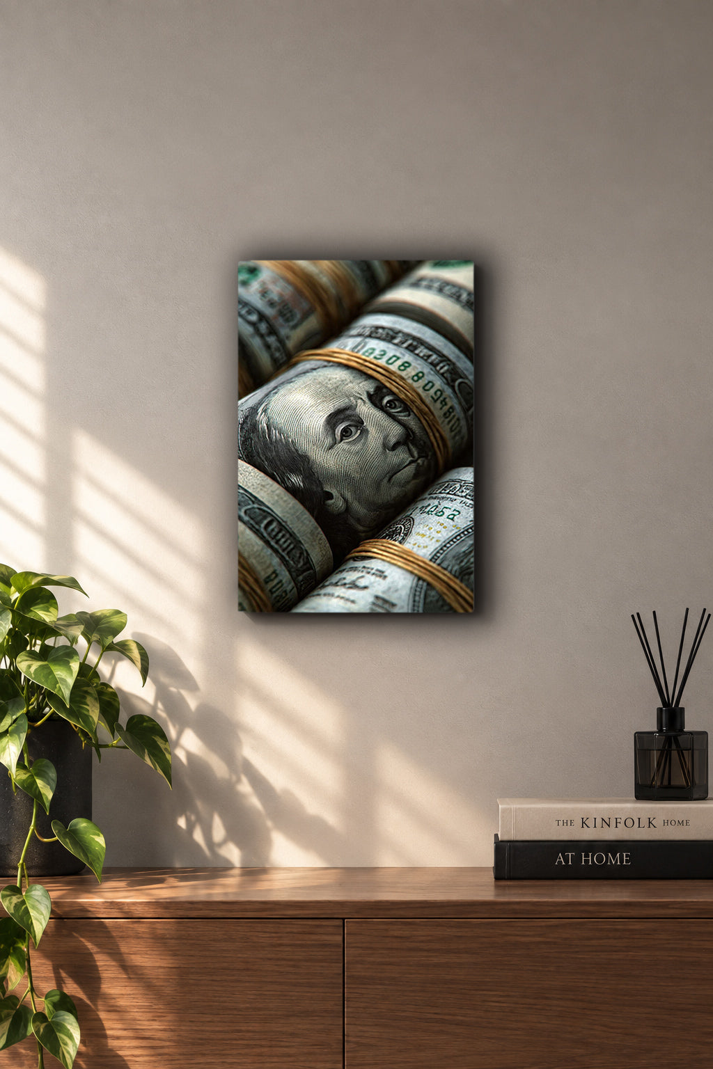 Benjamin Franklin Rolled 100 Dollar Bills Hustle & Money Metal Duvar Tablosu Benjamin Franklin Rolled 100 Dollar Bills Hustle & Money Metal Duvar Tablosu