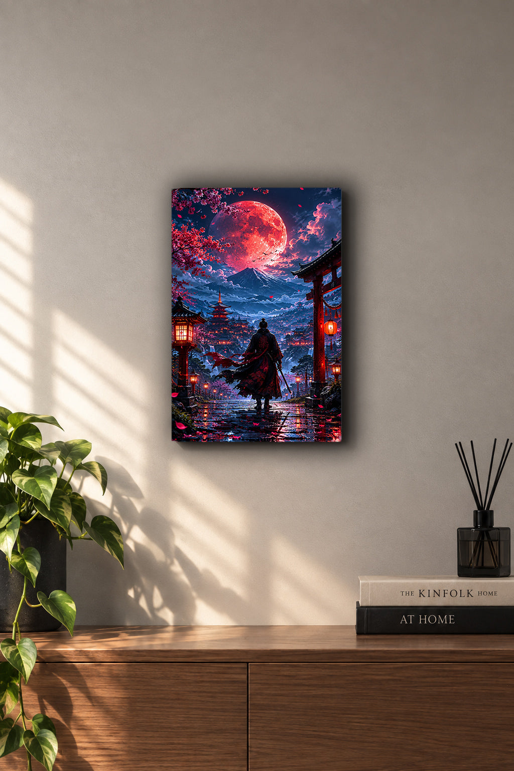 Blood Moon Samurai Torii Gate Japanese Nightscape Metal Duvar Tablosu Blood Moon Samurai Torii Gate Japanese Nightscape Metal Duvar Tablosu