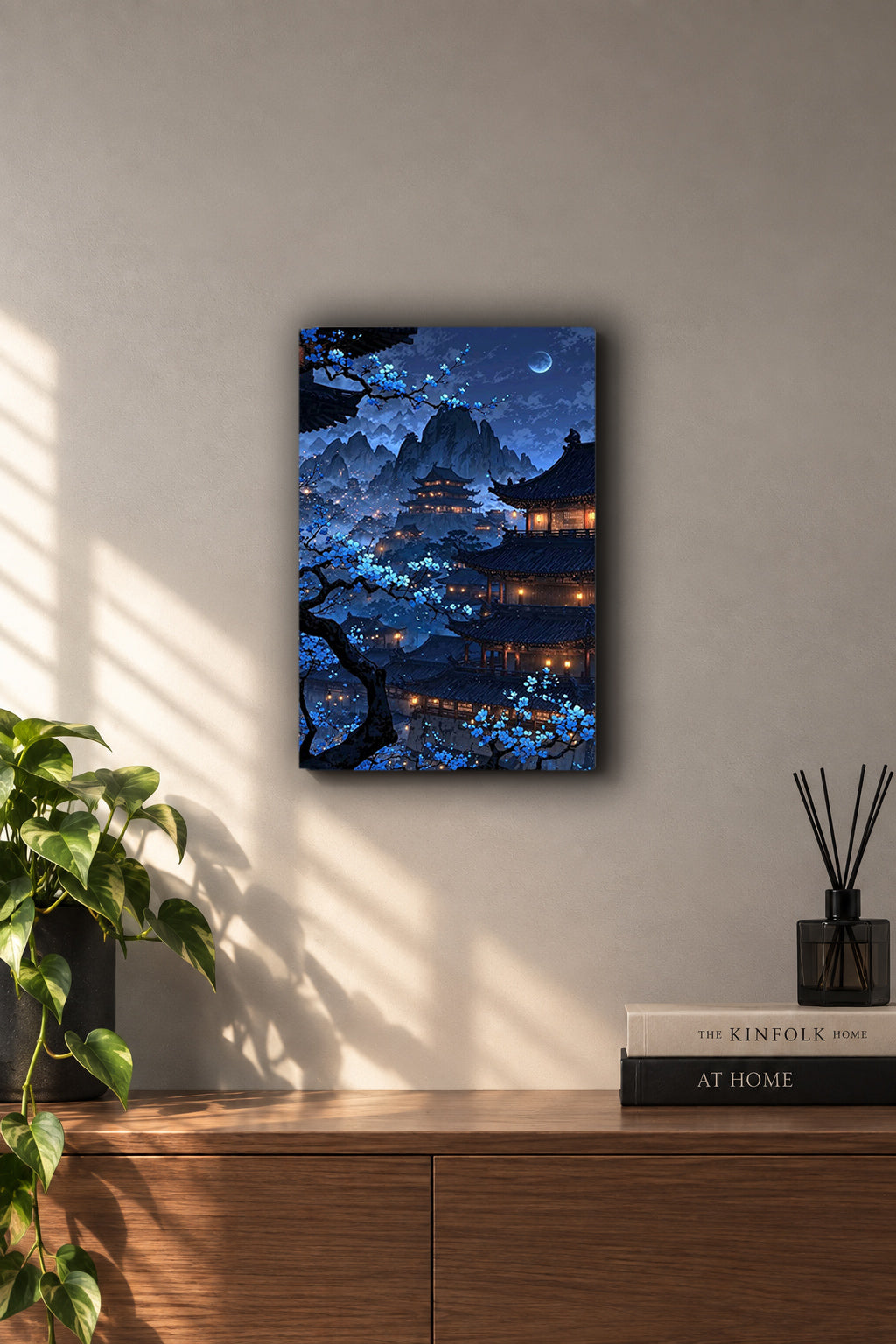 Blue Sakura Moonlit Japanese Pagoda Nightscape Metal Duvar Tablosu Blue Sakura Moonlit Japanese Pagoda Nightscape Metal Duvar Tablosu