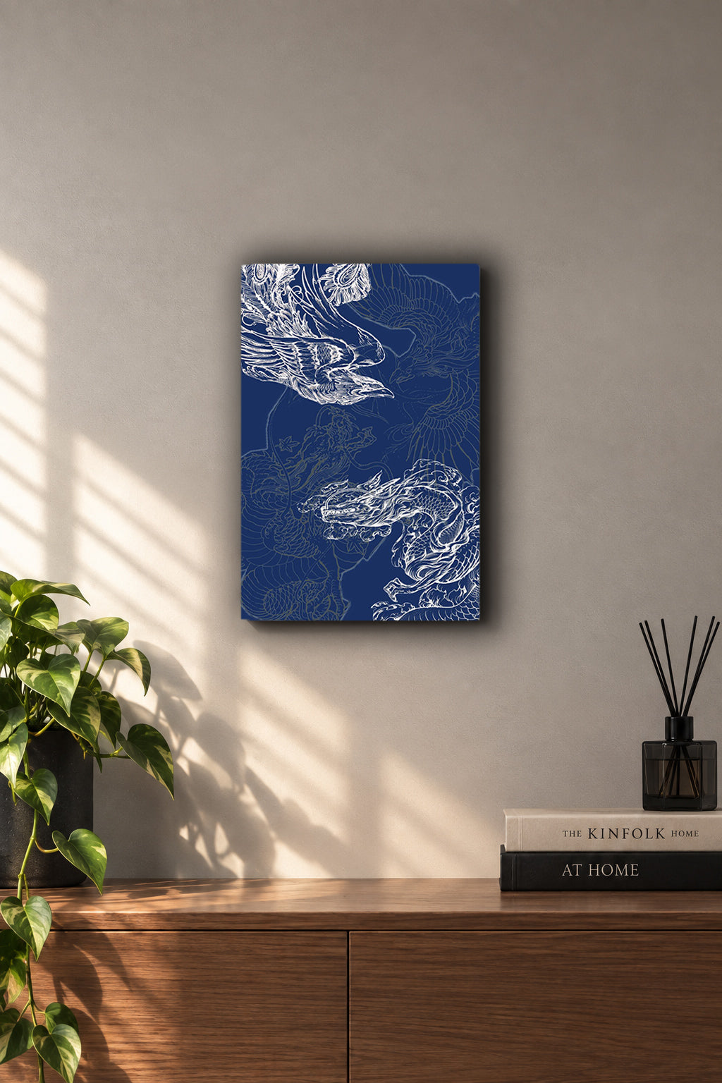 Japanese Dragon & Phoenix Blue Line Art Metal Duvar Tablosu Japanese Dragon & Phoenix Blue Line Art Metal Duvar Tablosu