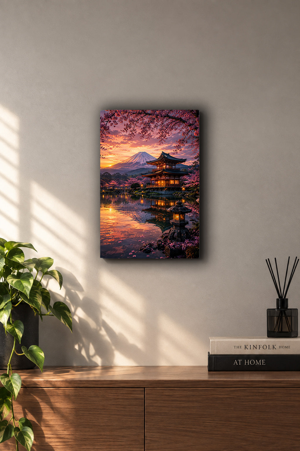 Japanese Sakura Temple Sunset Mount Fuji Metal Duvar Tablosu Japanese Sakura Temple Sunset Mount Fuji Metal Duvar Tablosu