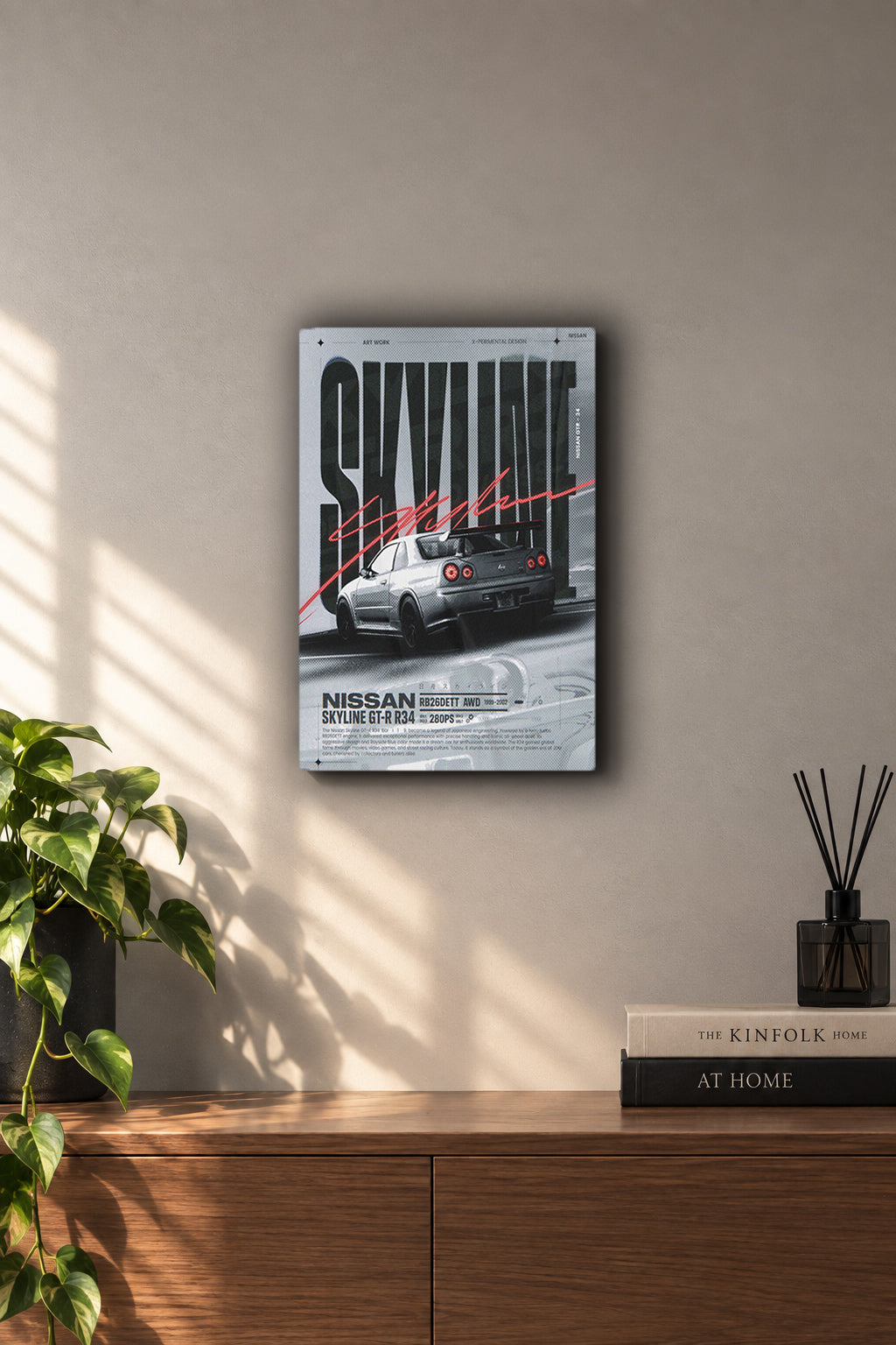 Nissan Skyline GT-R R34 Typographic Spec Metal Duvar Tablosu Nissan Skyline GT-R R34 Typographic Spec Metal Duvar Tablosu