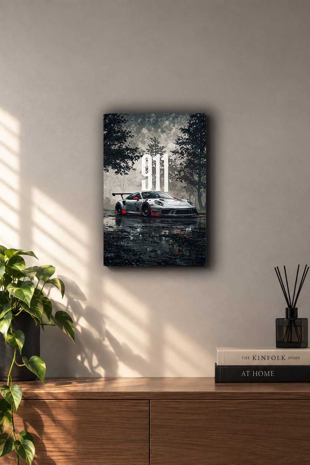 Porsche 911 GT3 RS Rainy Forest Minimalist Metal Duvar Tablosu Porsche 911 GT3 RS Rainy Forest Minimalist Metal Duvar Tablosu