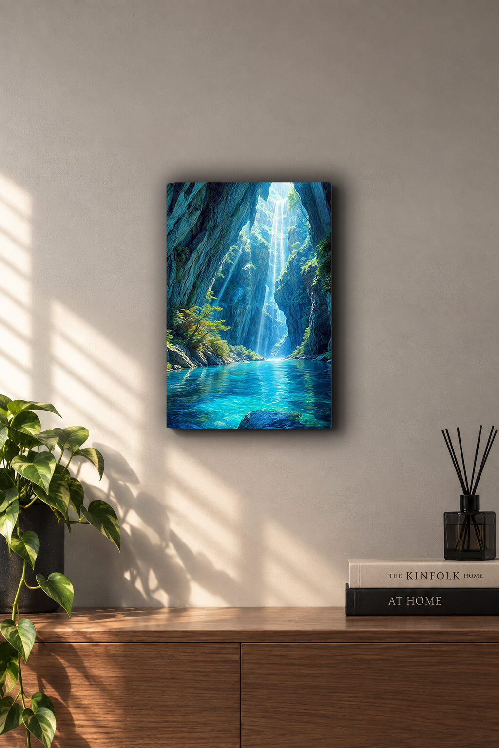 Secret Canyon Waterfall Sunbeams Metal Duvar Tablosu Secret Canyon Waterfall Sunbeams Metal Duvar Tablosu