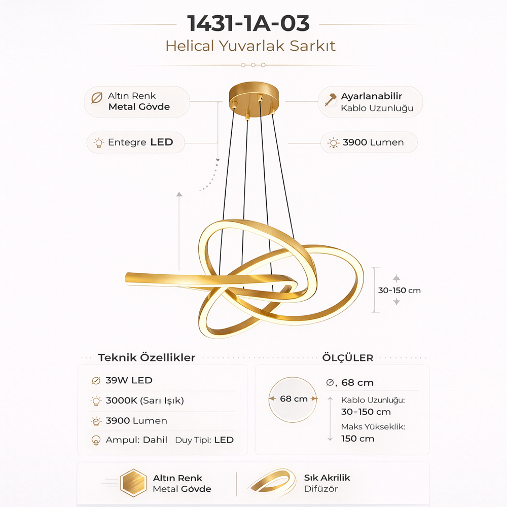 Metal Helical Yuvarlak Sarkıt Avize 150 cm — görsel 4