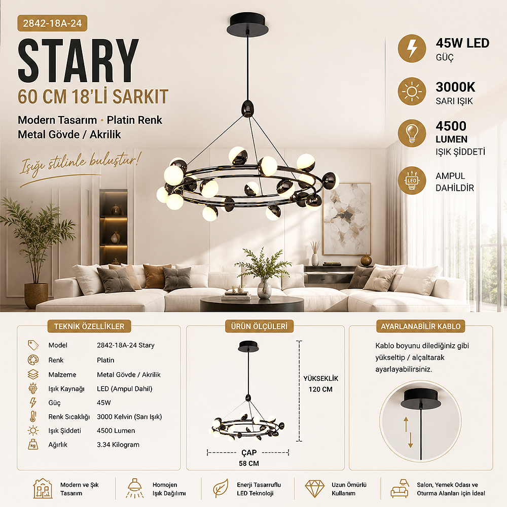Platin Metal Stary 60cm Sarkıt Avize 120 cm — görsel 3