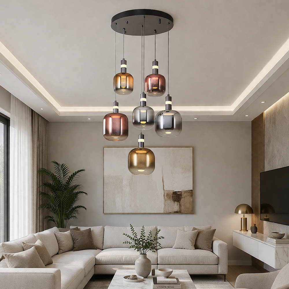 6'li Mixed Metal Daruu Cam Sarkıt Avize 120 cm