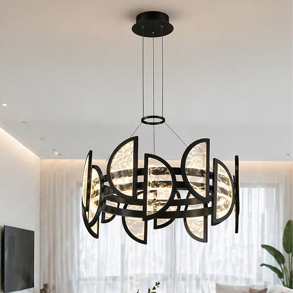 Noir Métal Alabaster Rond Suspension Lustre 180 cm 120W Siyah Metal Alabaster Yuvarlak Sarkıt Avize 180 cm 120W