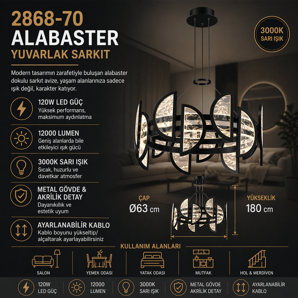 Siyah Metal Alabaster Yuvarlak Sarkıt Avize 180 cm 120W — görsel 2