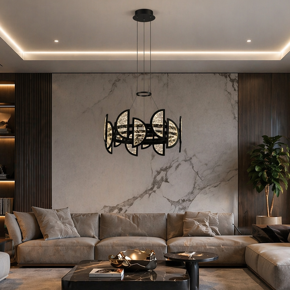 Siyah Metal Alabaster Yuvarlak Sarkıt Avize 180 cm 120W — görsel 3