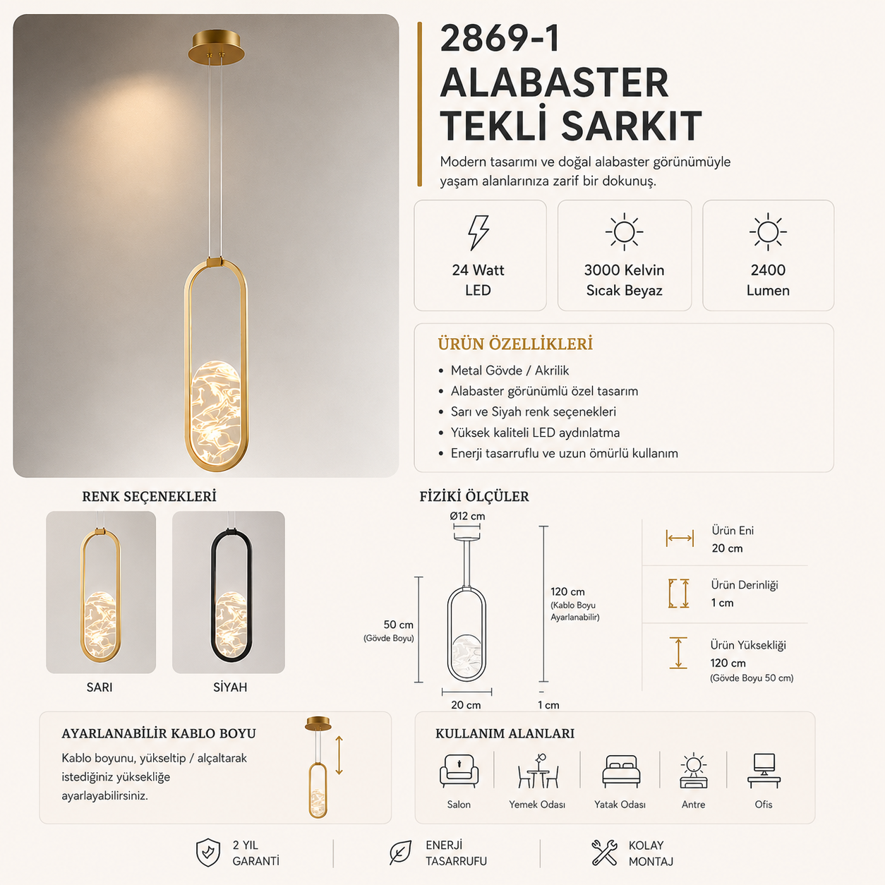 Tekli Metal Alabaster 50*20 Sarkıt Avize 20 cm — görsel 6