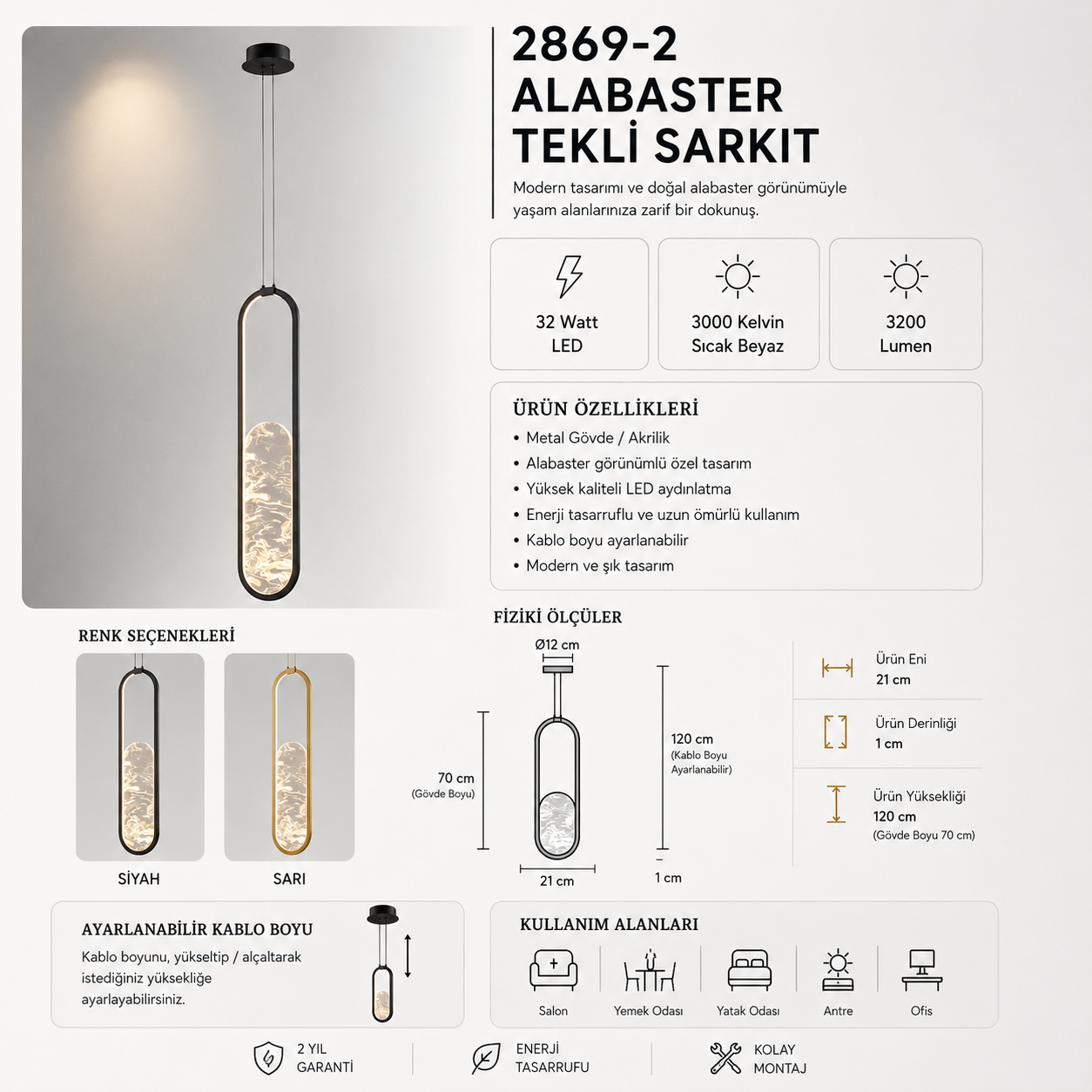Tekli Siyah Metal Alabaster 70*20 Sarkıt Avize 21 cm — görsel 8