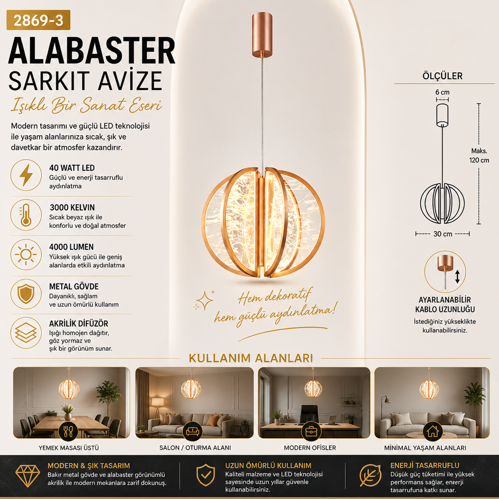Tekli Metal Alabaster 31*35 Sarkıt Avize 120 cm