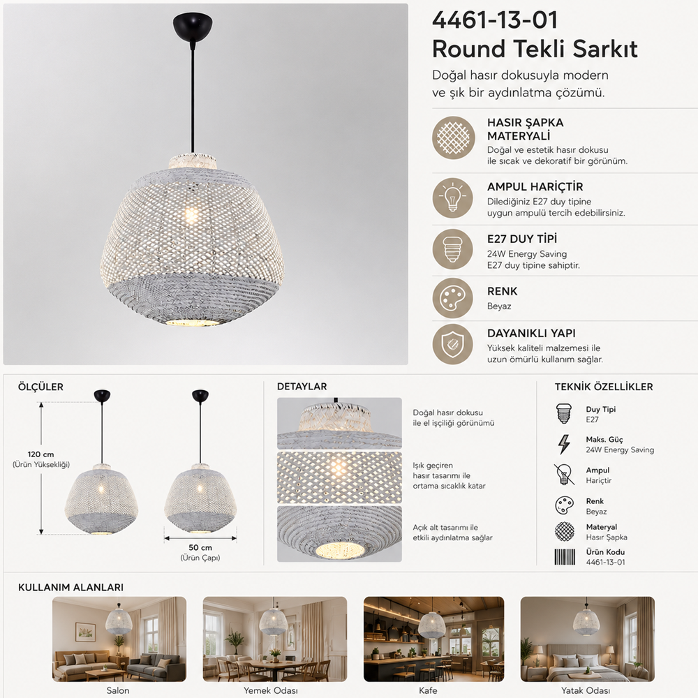 Tekli Beyaz Round 50X45 Sarkıt Avize 120 cm — görsel 3