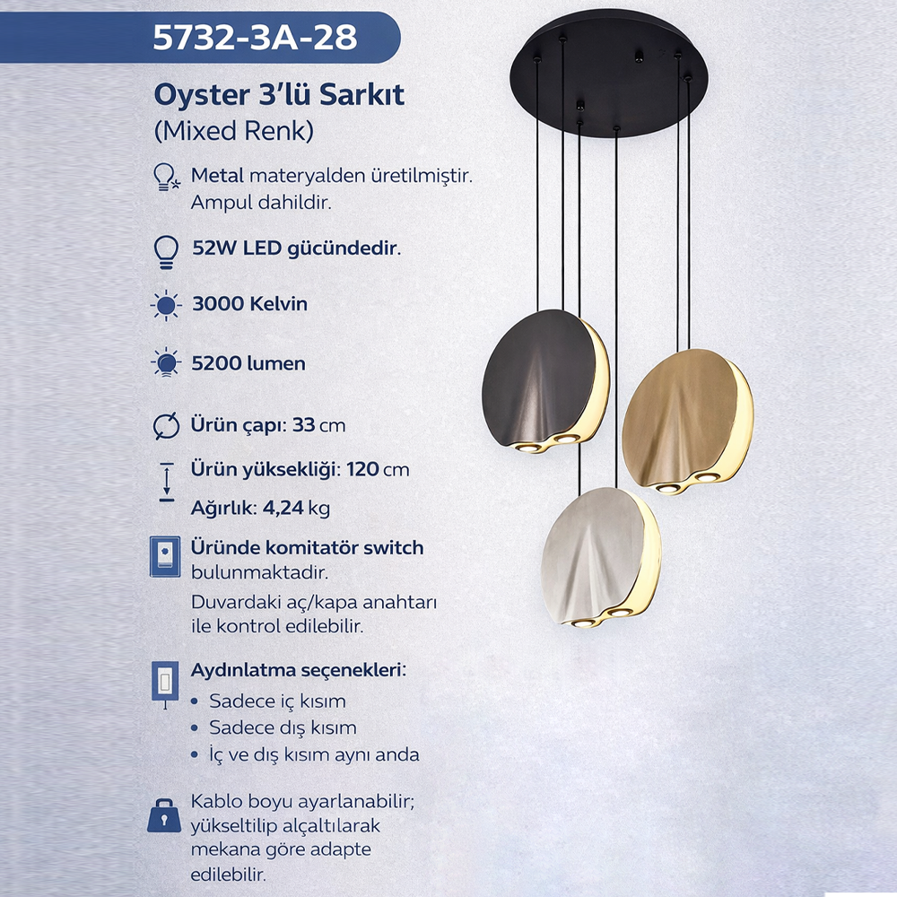 3'li Metal Oyster Mixed Sarkıt Avize 120 cm — görsel 5