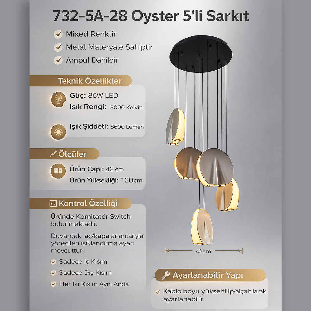 5'li Metal Oyster Mixed Sarkıt Avize 120 cm — görsel 7