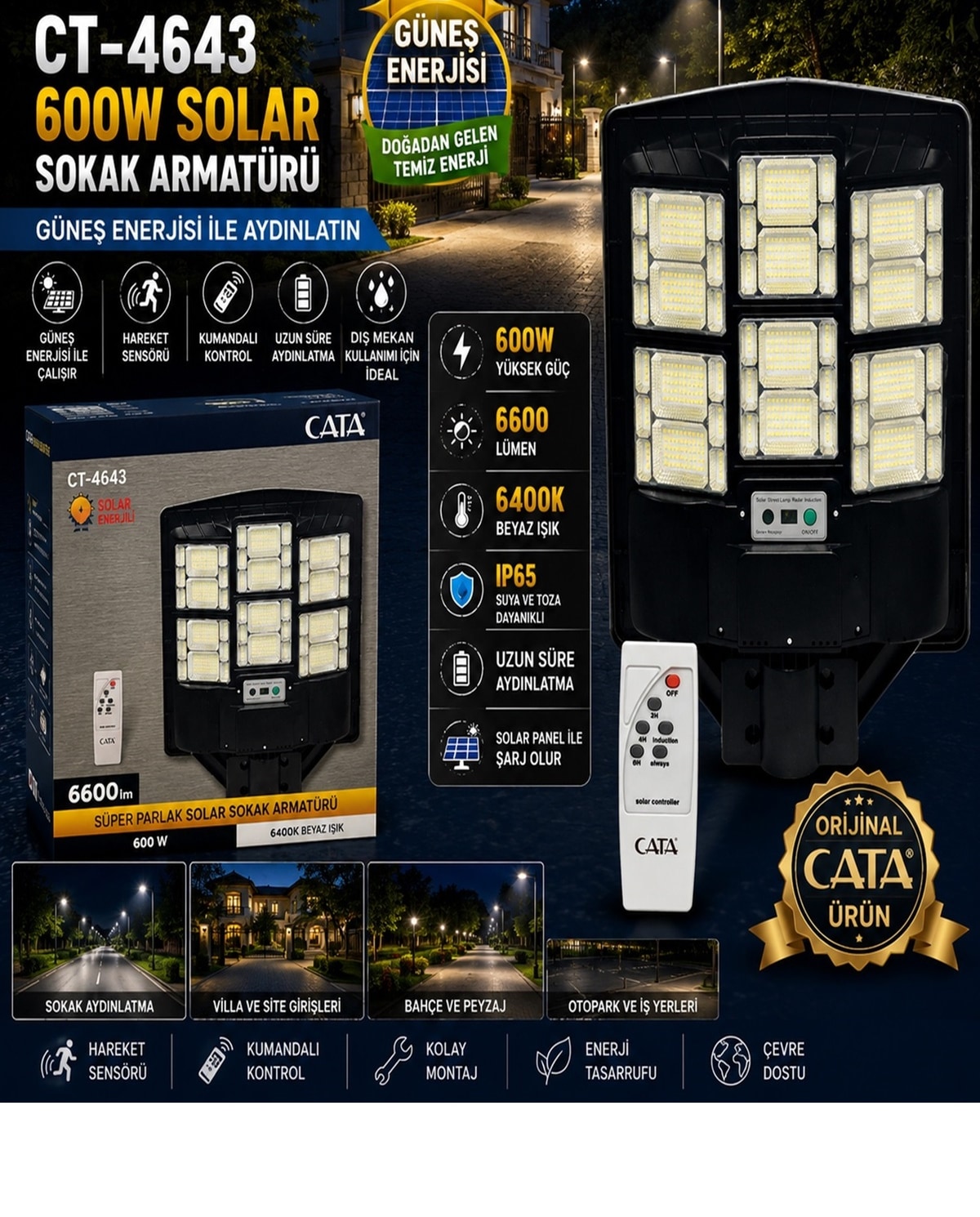 600W Kumandalı Sensörlü Solar Sokak Armatürü 600W Kumandalı Sensörlü Solar Sokak Armatürü