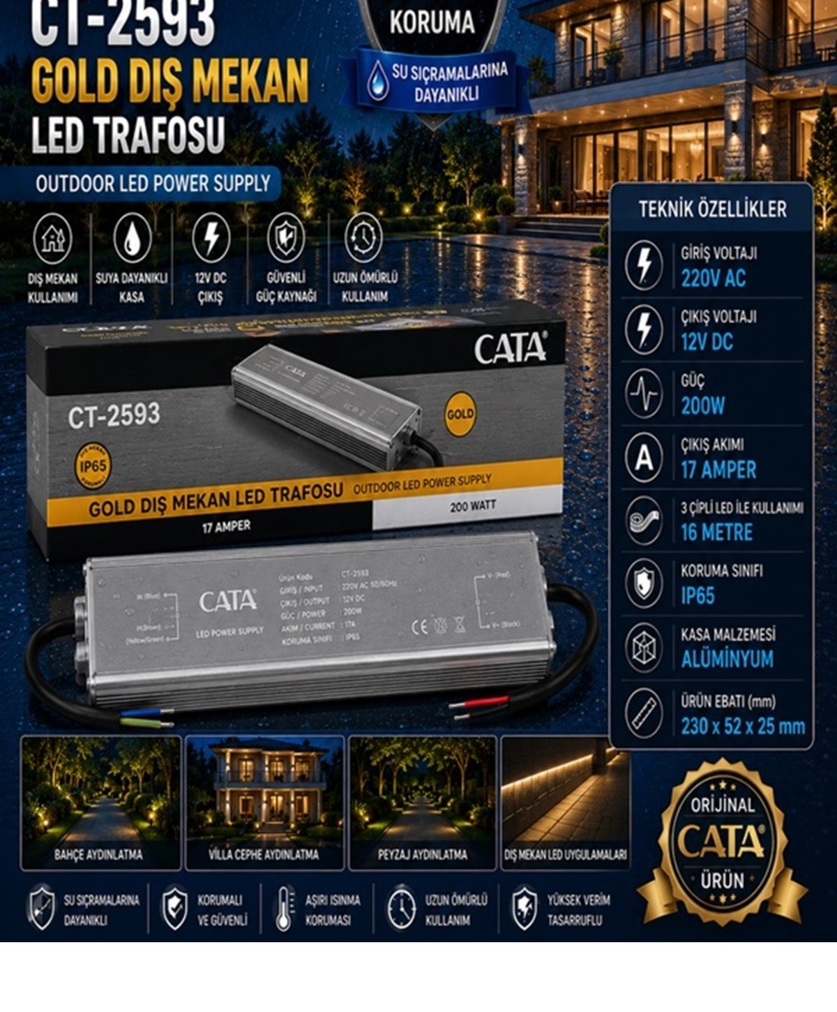 Gold Dış Mekan LED Trafosu 200W 17A 12V IP65