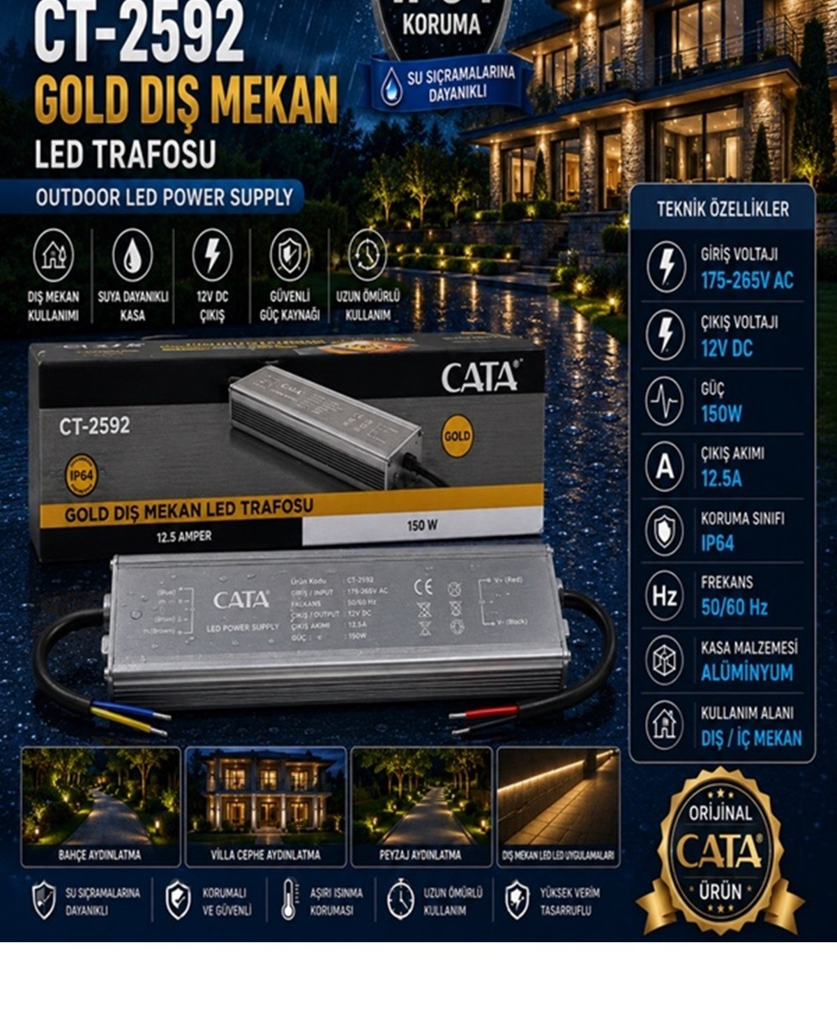 Gold Dış Mekan LED Trafosu 150W 12.5A 12V IP64