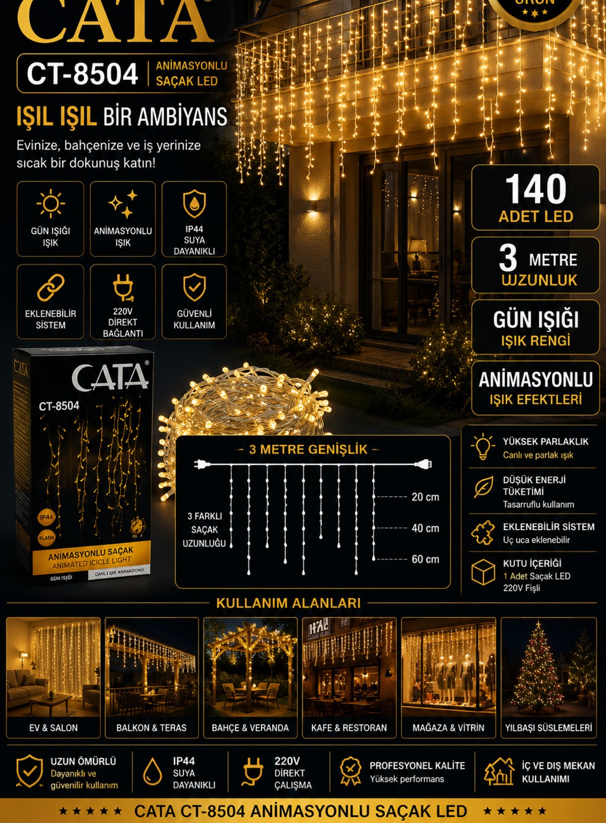 Cortina de Carámbanos LED Animada 3 Metros 140 Luz Cálida