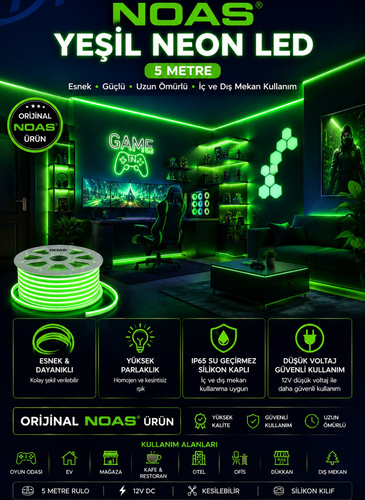 Silikon Kılıflı Yeşil Neon LED 5 Metre 12V