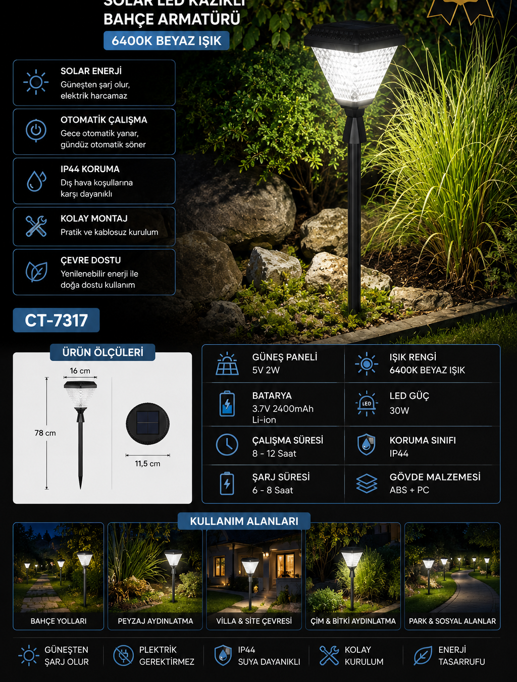 30W Solar LED Kazıklı Bahçe Armatürü 6400K 30W Solar LED Kazıklı Bahçe Armatürü 6400K