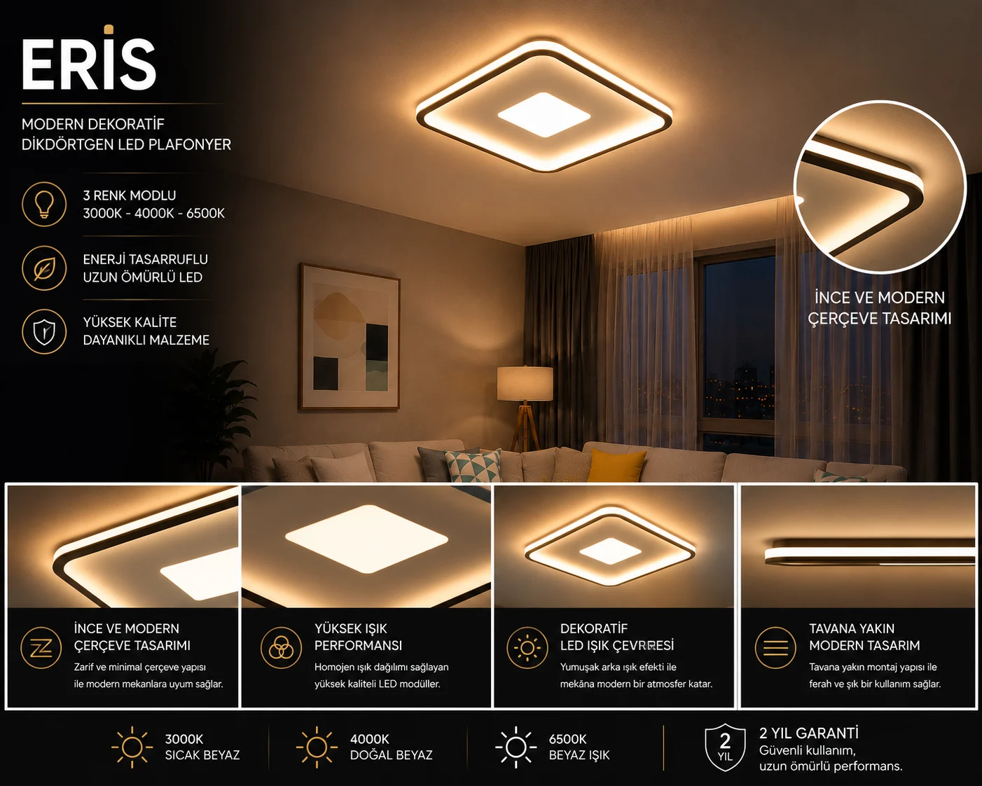 Eris Decorative Square Ceiling Light LED Chandelier Lighting 3 Colour Mode — Image 3