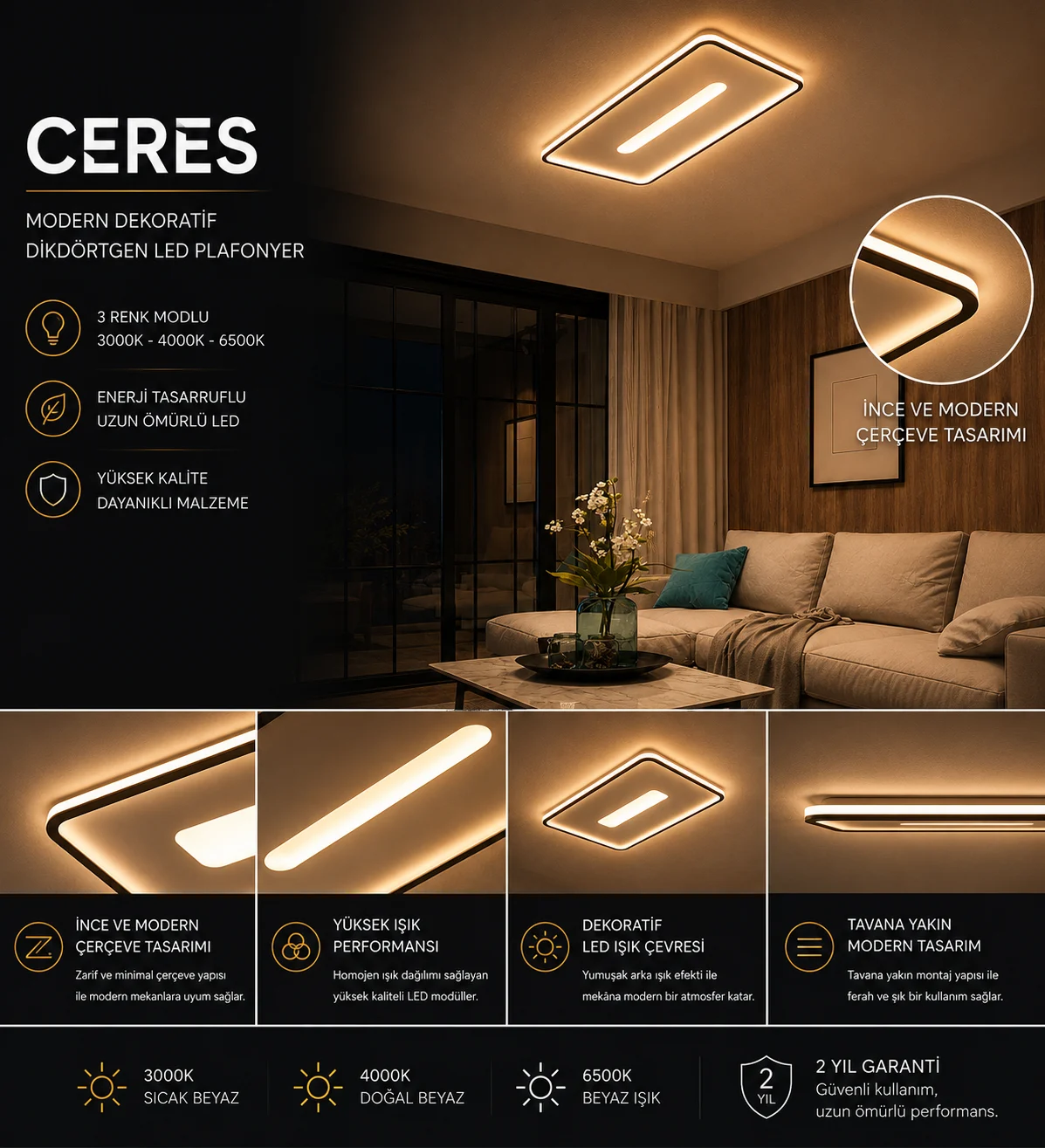 Ceres Décoratif Rectangulaire Plafonnier LED Lustre Éclairage 3 Couleur Mode — Image 3