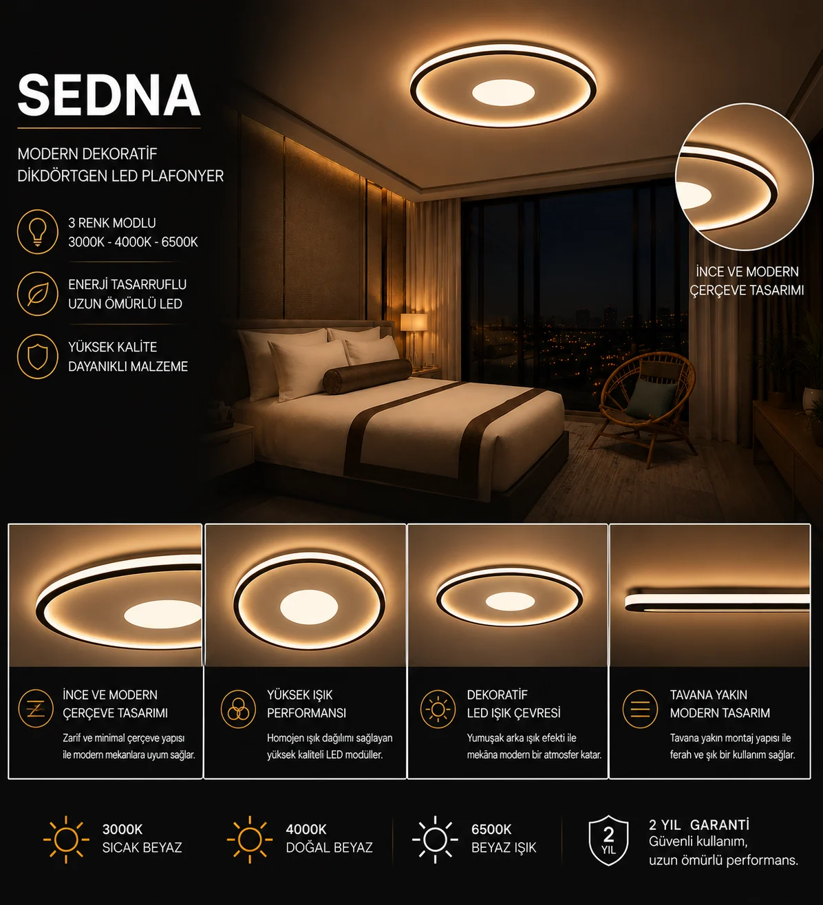 Sedna ديكوري دائري إضاءة سقفية LED ثريا إنارة 3 لون وضع — صورة 3
