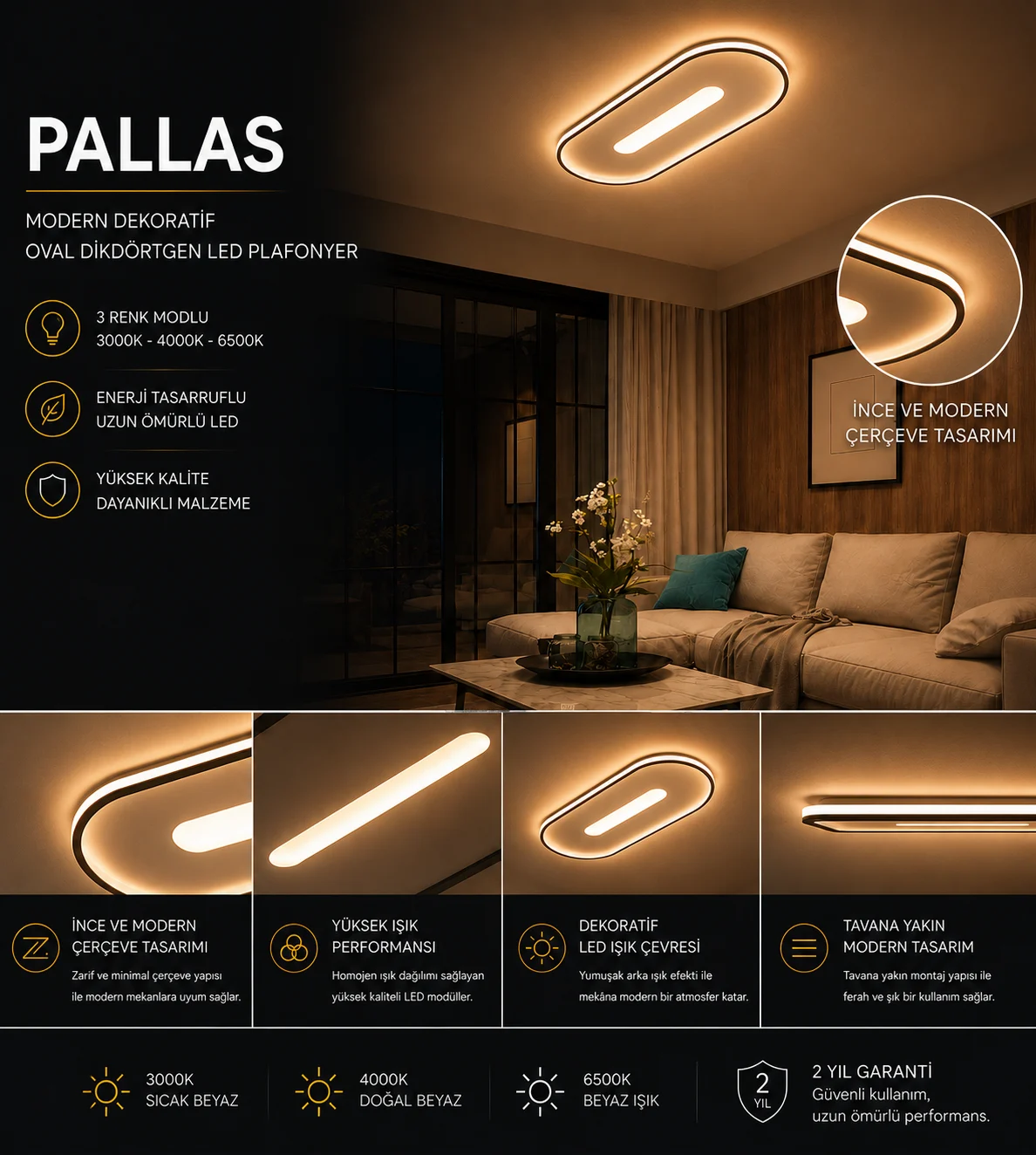 Pallas Decorativo Ovalado Rectangular Plafón LED Lámpara de Araña Iluminación 3 Color Modo — Imagen 4