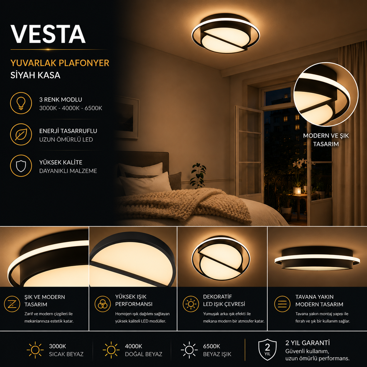 Vesta Dekoratif Yuvarlak Plafonyer LED Avize Aydınlatma 3 Renk Modlu Vesta Dekoratif Yuvarlak Plafonyer LED Avize Aydınlatma 3 Renk Modlu