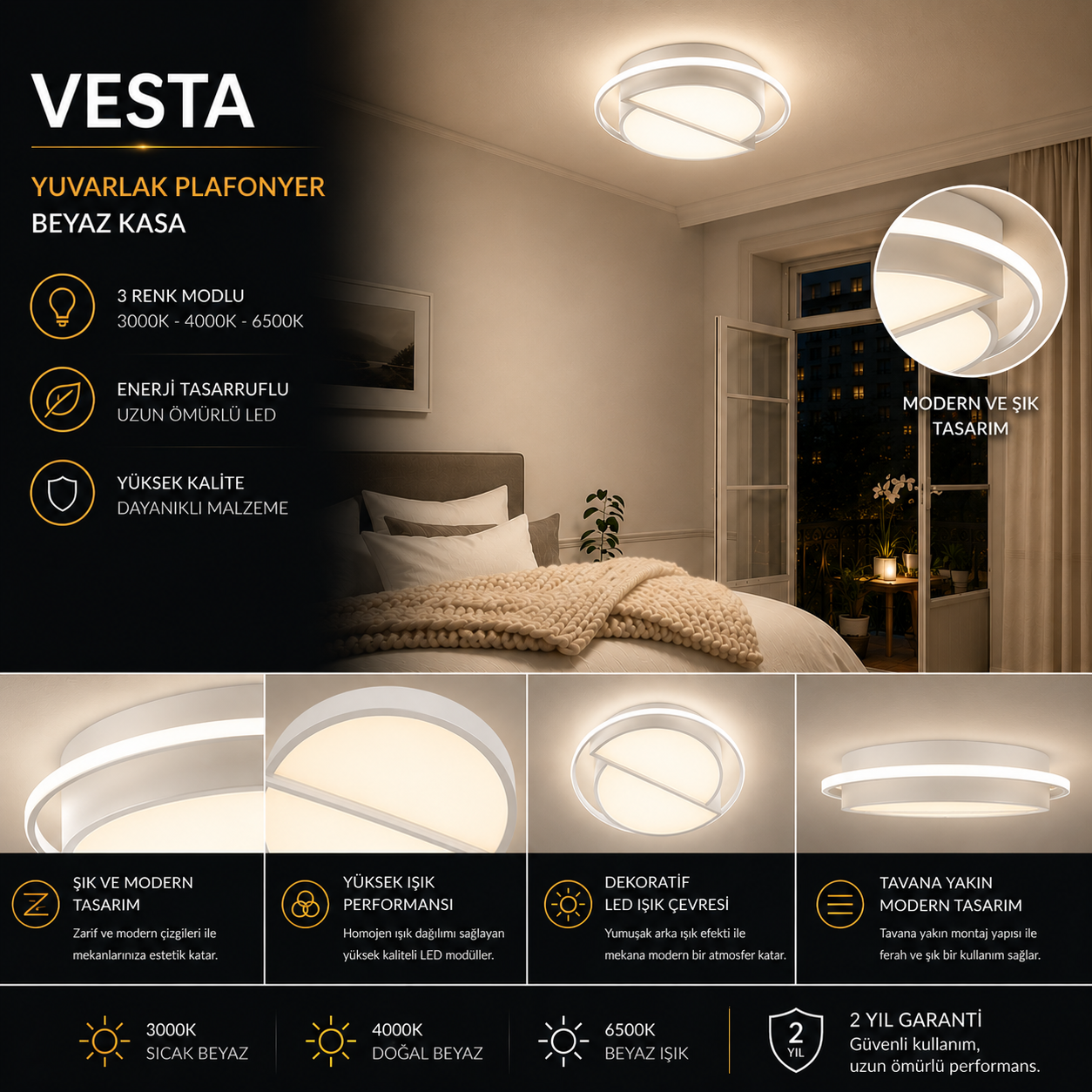 Vesta ديكوري دائري إضاءة سقفية LED ثريا إنارة 3 لون وضع — صورة 6