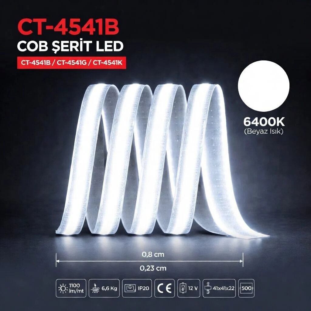 12V Yüksek Lümen COB Şerit LED Aydınlatma Beyaz Işık Ct-4541b